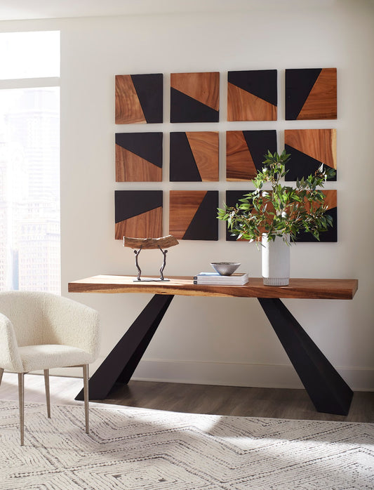 Tapered Wood Console, Black Metal Legs