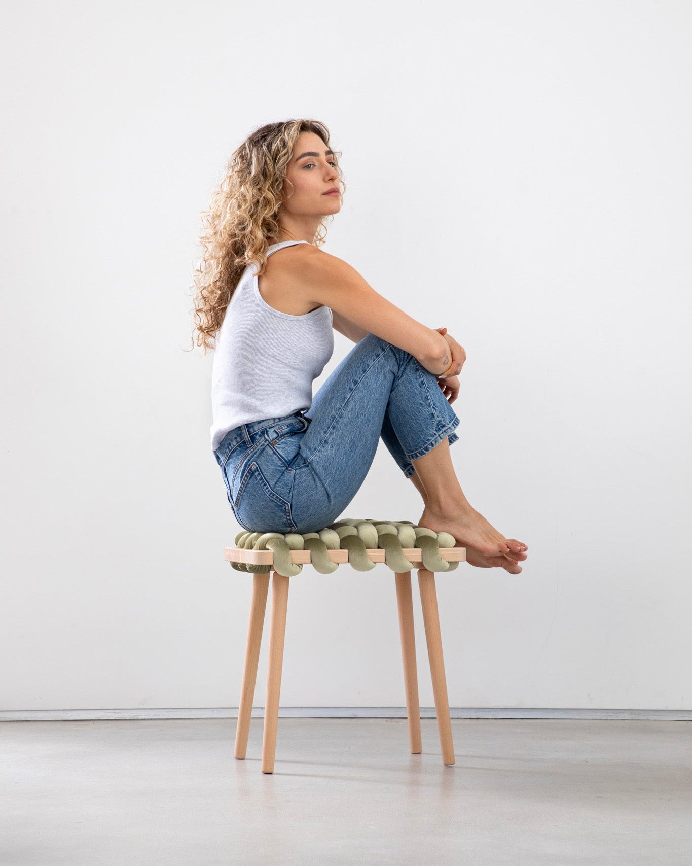 Ivory Velvet Woven Stool