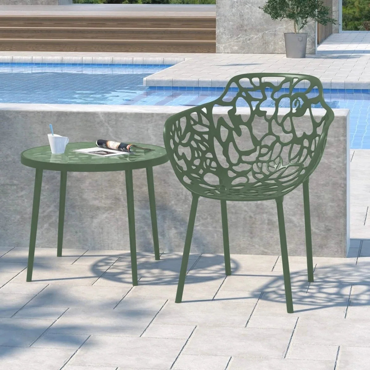 Devon Aluminum Outdoor Dining Armchairs with Flower Design Set Of 2 / Khaki Green