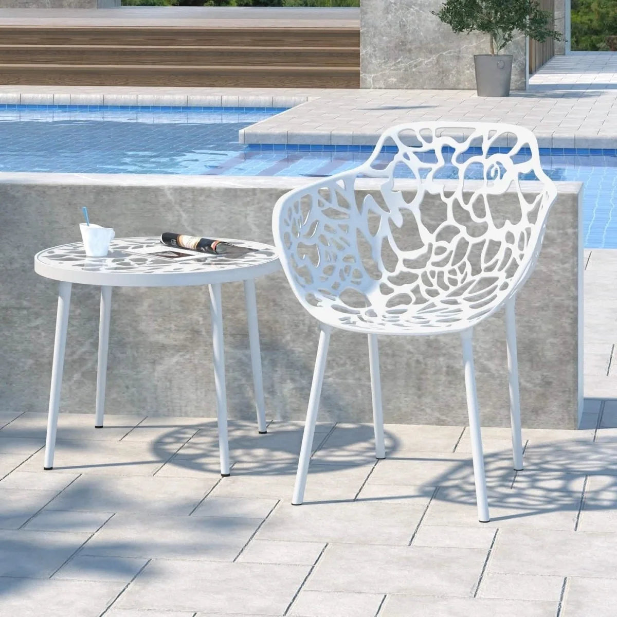 Devon Aluminum Outdoor Dining Armchairs with Flower Design Set Of 2 / White