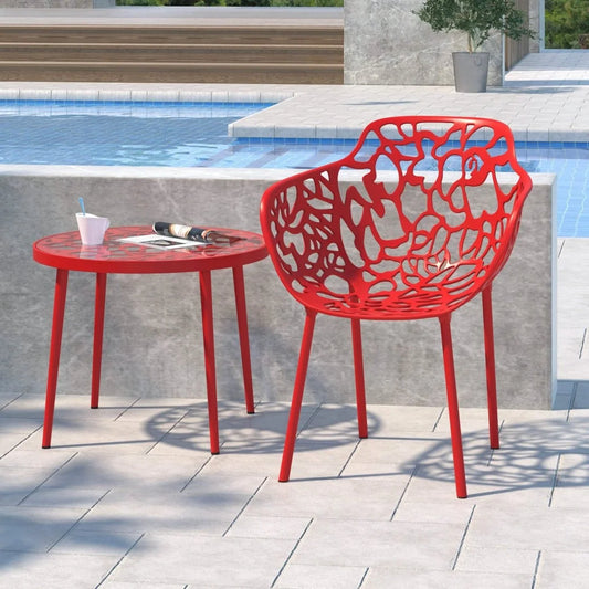 Devon Aluminum Outdoor Dining Armchairs with Flower Design Set of 2 / Red