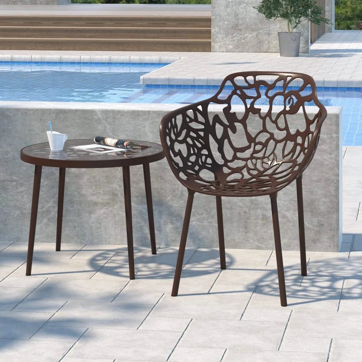 Devon Aluminum Outdoor Dining Armchairs with Flower Design Set of 2 / Brown