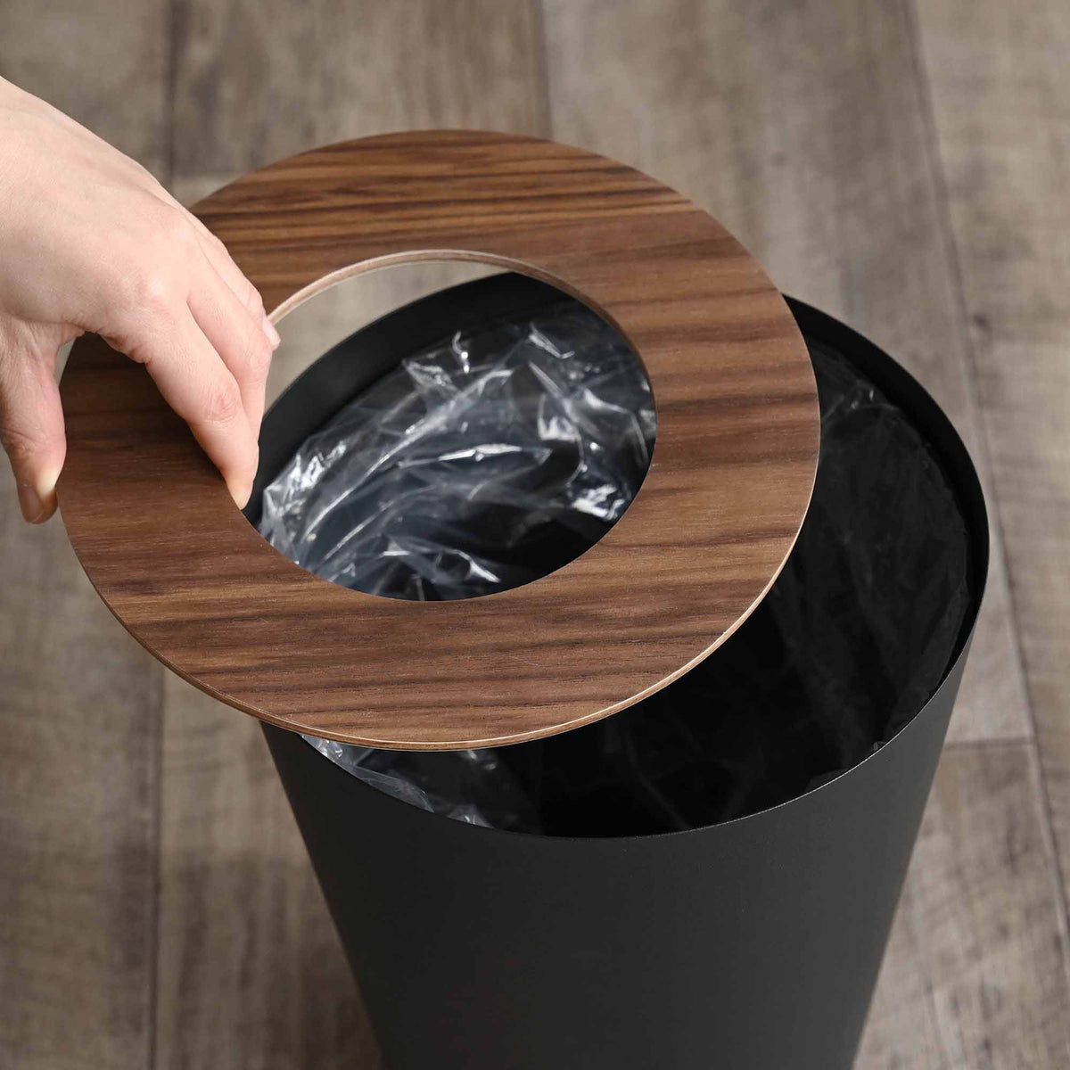 Trash Can - Round - Steel + Wood