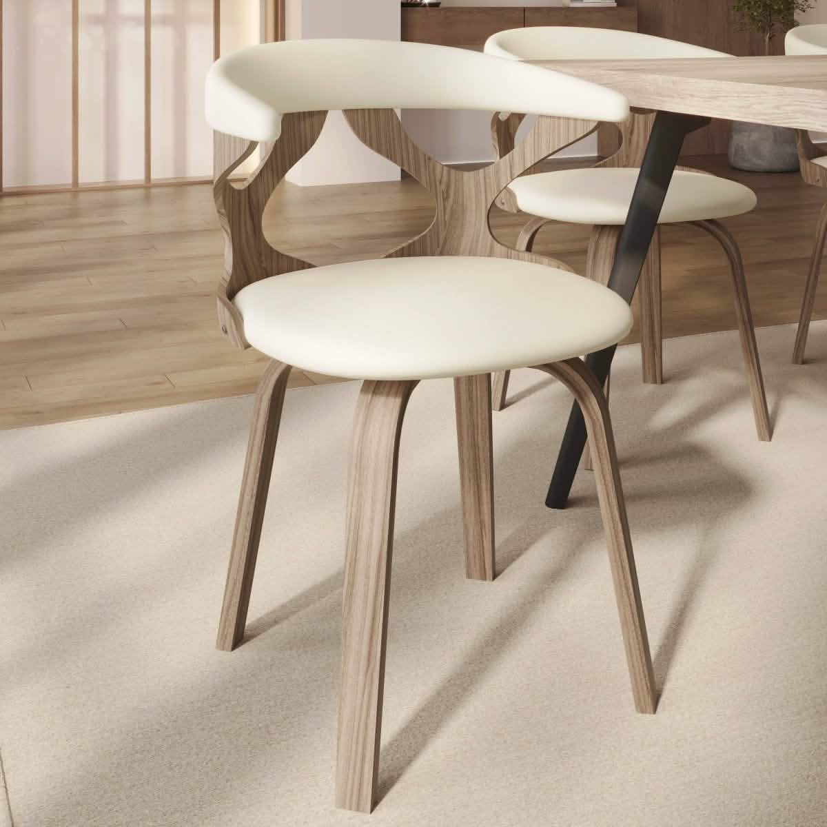 Klyne Modern Wooden Dining Chair Upholstered in Leather With Walnut Color Frame / White