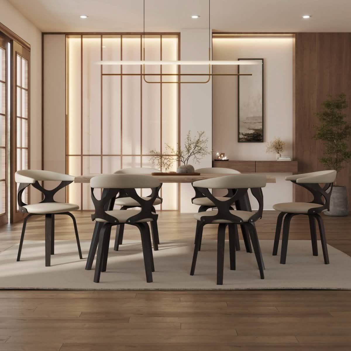 Klyne Modern Wooden Dining Chair Upholstered in Leather With Walnut Color Frame / Taupe