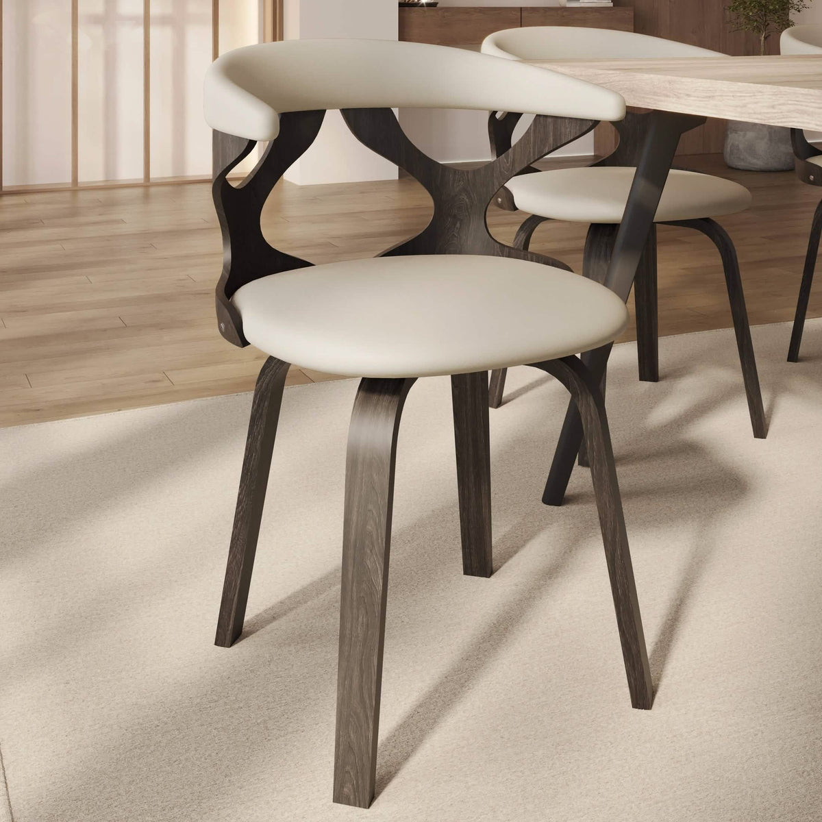 Klyne Modern Wooden Dining Chair Upholstered in Leather With Walnut Color Frame / Taupe